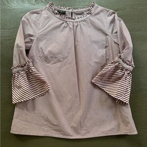 Talbots Petites white and cranberry striped, 3/4 bell sleeve cotton blouse